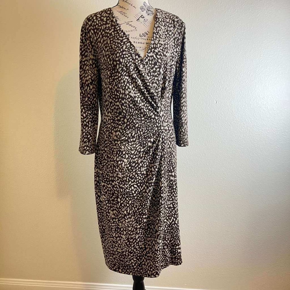 Robbie Bee Womens Brown Cream Faux Wrap V-Neck Dress Knee Length officewear
